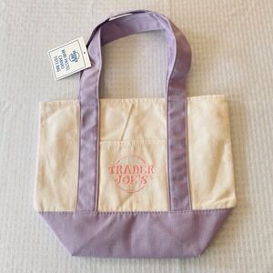 Trader Joes Mini Pastel Canvas Tote Bag Lavender Purple Cream Limited Edition